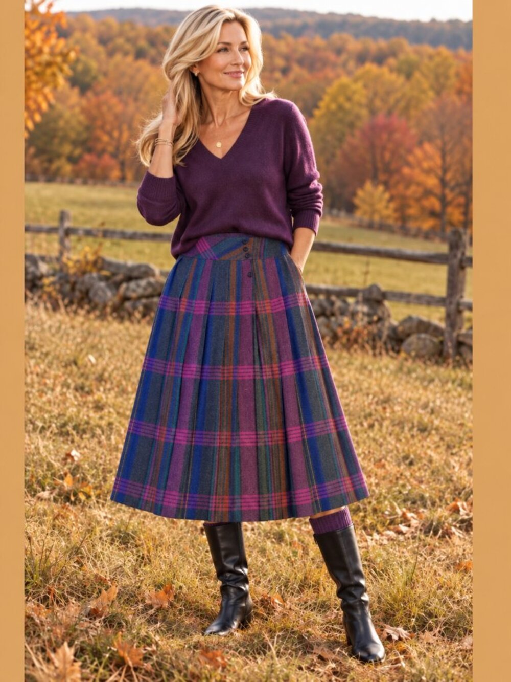 Wool Pleated Midi Skirt -Purple Pink Blue Plaid - M - EXCELLENT CONDITION
